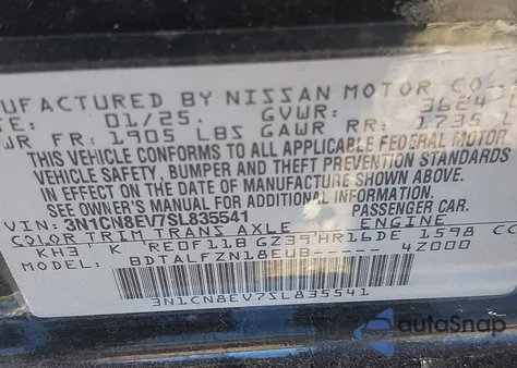 2025 Nissan Versa 1.6 Sv z USA, uszkodzony, nr VIN 3N1CN8EV7SL835541